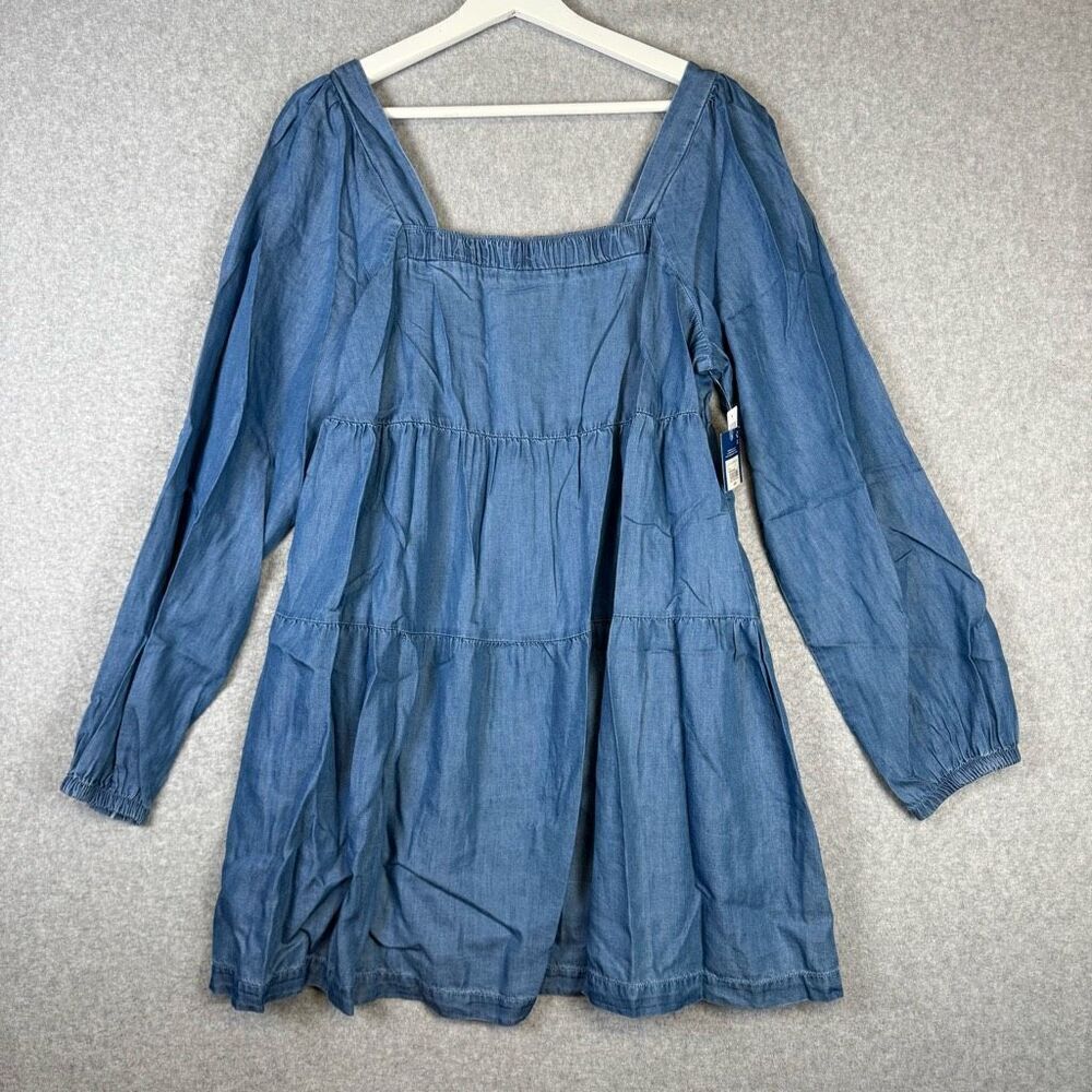 Brand New Arizona Women's Large Square Neck Long Sleeve Mini Dress Blue